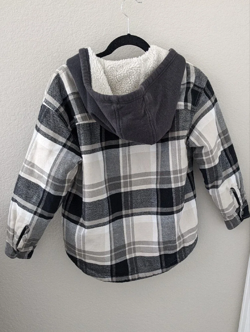 GAP Youth XL Black & White Plaid Sherpa-Lined Hooded Button Shirt Jacket